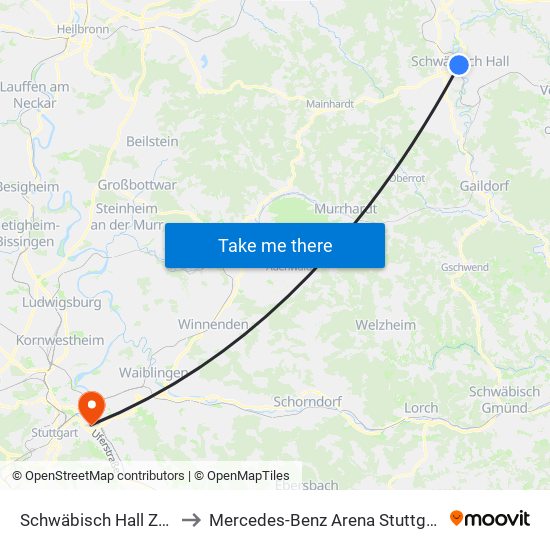 Schwäbisch Hall Zob to Mercedes-Benz Arena Stuttgart map