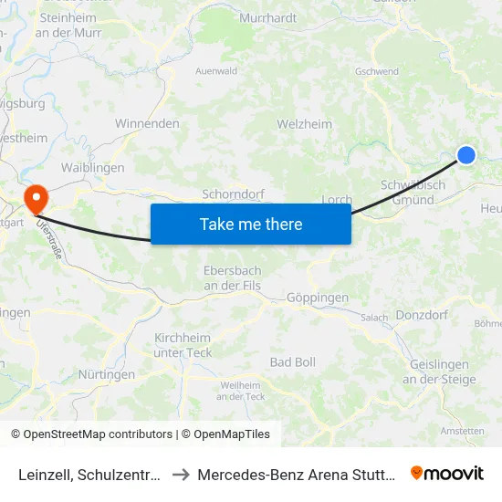 Leinzell, Schulzentrum to Mercedes-Benz Arena Stuttgart map