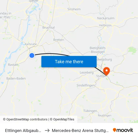 Ettlingen Albgaubad to Mercedes-Benz Arena Stuttgart map