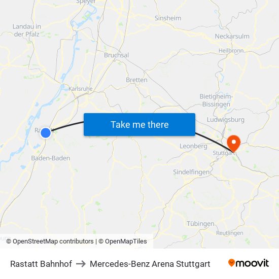 Rastatt Bahnhof to Mercedes-Benz Arena Stuttgart map