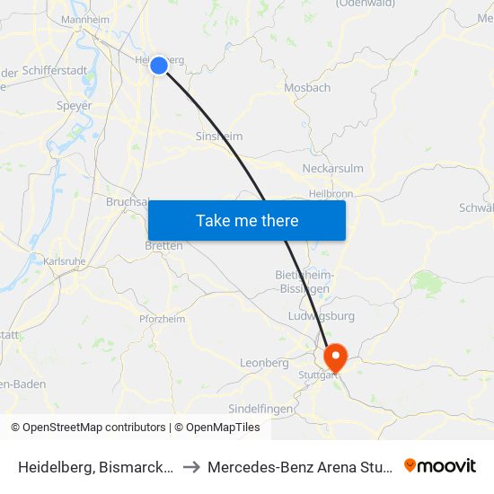 Heidelberg, Bismarckplatz to Mercedes-Benz Arena Stuttgart map