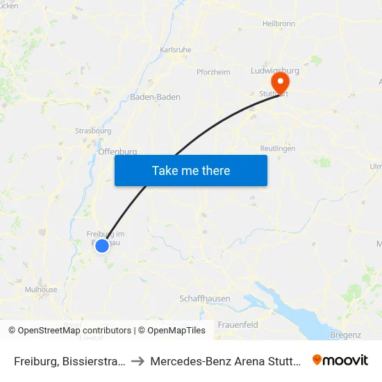 Freiburg, Bissierstraße to Mercedes-Benz Arena Stuttgart map