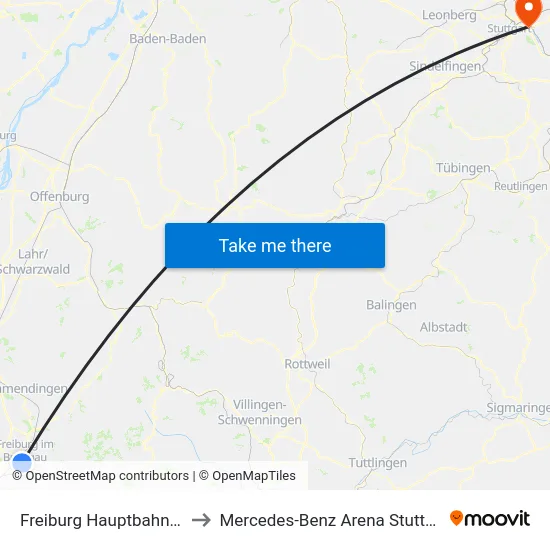 Freiburg Hauptbahnhof to Mercedes-Benz Arena Stuttgart map