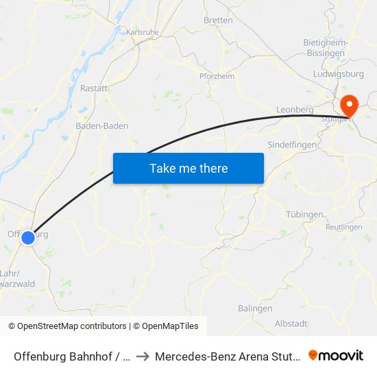 Offenburg Bahnhof / Zob to Mercedes-Benz Arena Stuttgart map