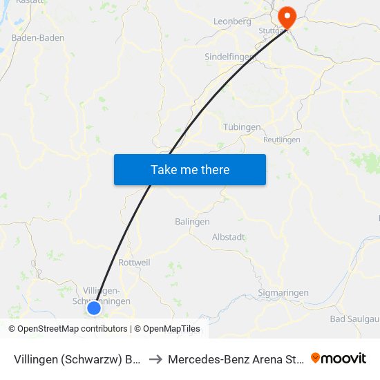 Villingen (Schwarzw) Bahnhof to Mercedes-Benz Arena Stuttgart map