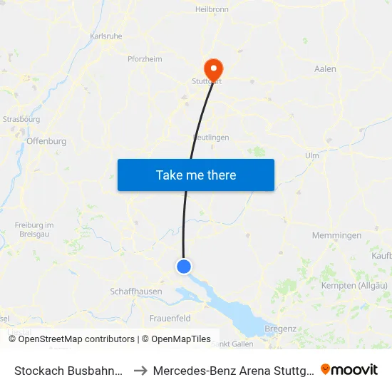 Stockach Busbahnhof to Mercedes-Benz Arena Stuttgart map