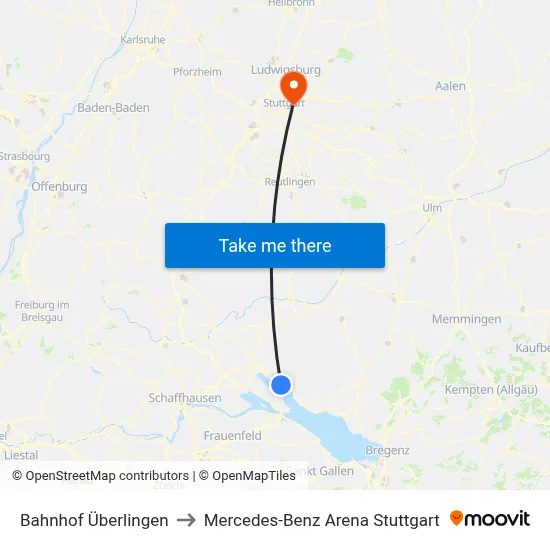 Bahnhof Überlingen to Mercedes-Benz Arena Stuttgart map