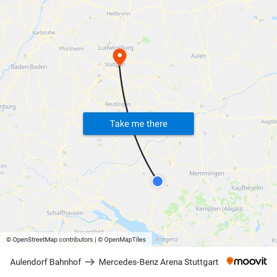 Aulendorf Bahnhof to Mercedes-Benz Arena Stuttgart map