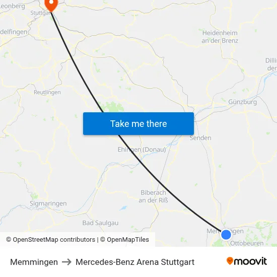 Memmingen to Mercedes-Benz Arena Stuttgart map