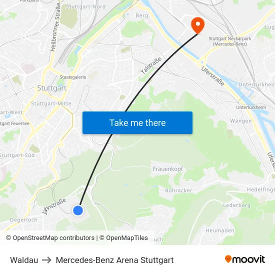 Waldau to Mercedes-Benz Arena Stuttgart map