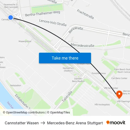 Cannstatter Wasen to Mercedes-Benz Arena Stuttgart map