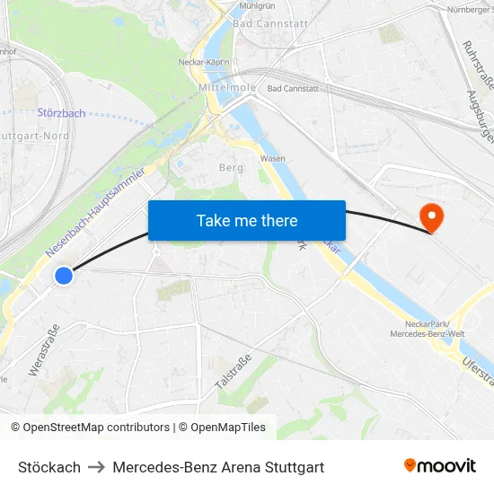 Stöckach to Mercedes-Benz Arena Stuttgart map