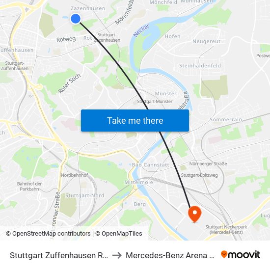 Stuttgart Zuffenhausen Reibedanz to Mercedes-Benz Arena Stuttgart map
