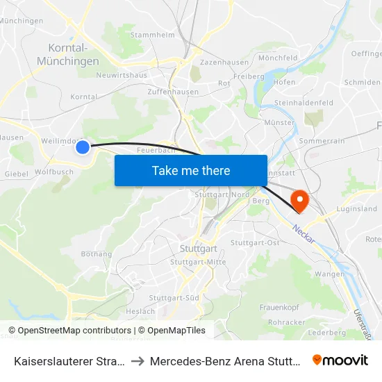 Kaiserslauterer Straße to Mercedes-Benz Arena Stuttgart map
