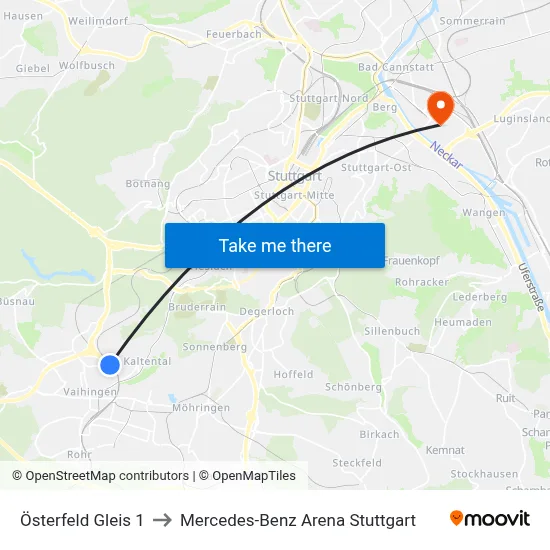 Österfeld Gleis 1 to Mercedes-Benz Arena Stuttgart map
