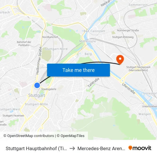 Stuttgart Hauptbahnhof (Tief) Gleis 102 to Mercedes-Benz Arena Stuttgart map