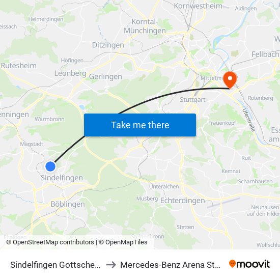 Sindelfingen Gottscheer Str. to Mercedes-Benz Arena Stuttgart map