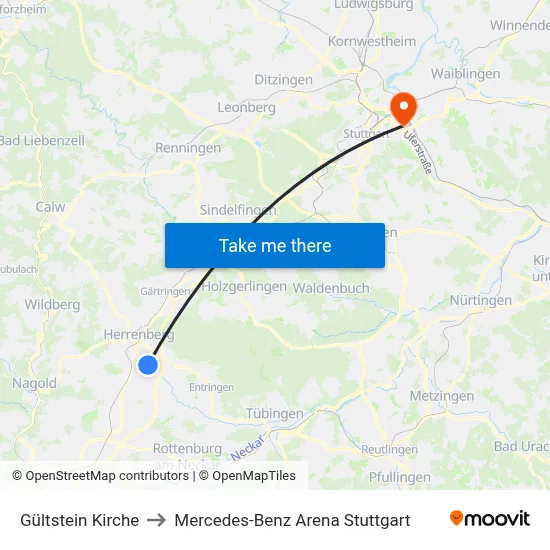 Gültstein Kirche to Mercedes-Benz Arena Stuttgart map