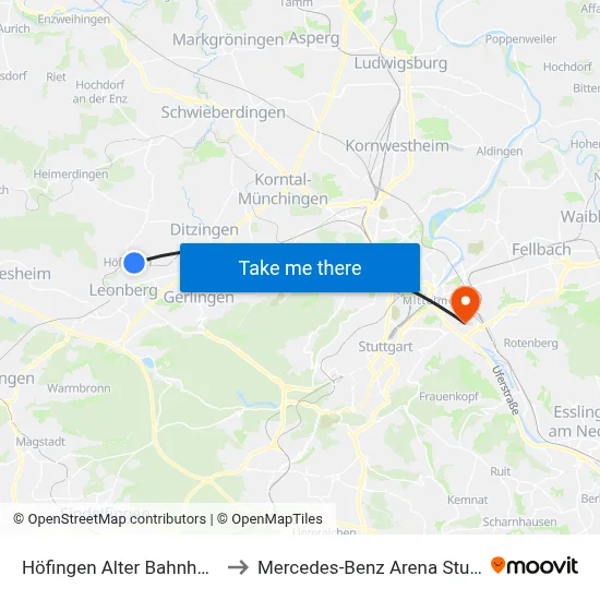 Höfingen Alter Bahnhofweg to Mercedes-Benz Arena Stuttgart map