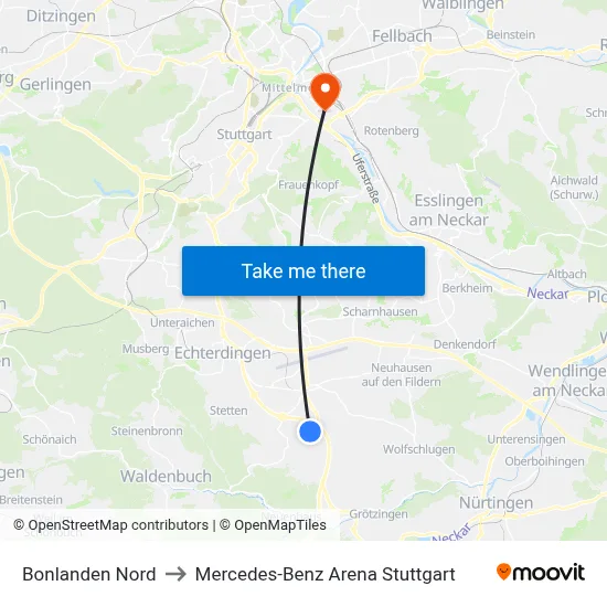 Bonlanden Nord to Mercedes-Benz Arena Stuttgart map