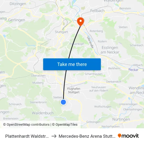 Plattenhardt Waldstraße to Mercedes-Benz Arena Stuttgart map