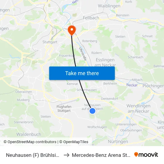 Neuhausen (F) Brühlsiedlung to Mercedes-Benz Arena Stuttgart map