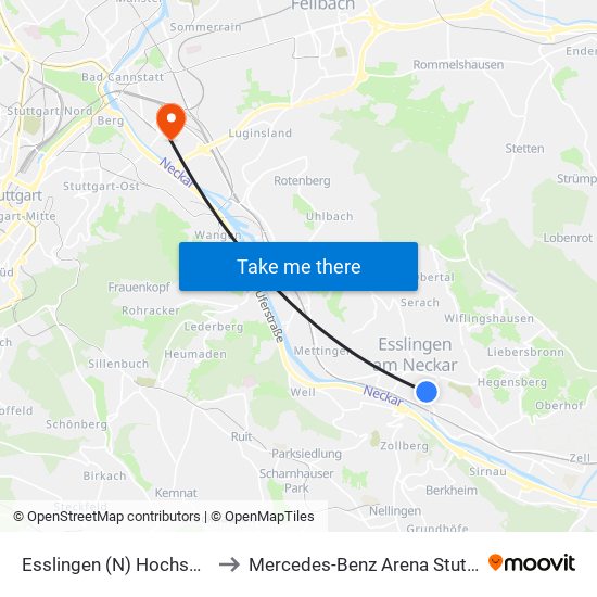 Esslingen (N) Hochschule to Mercedes-Benz Arena Stuttgart map