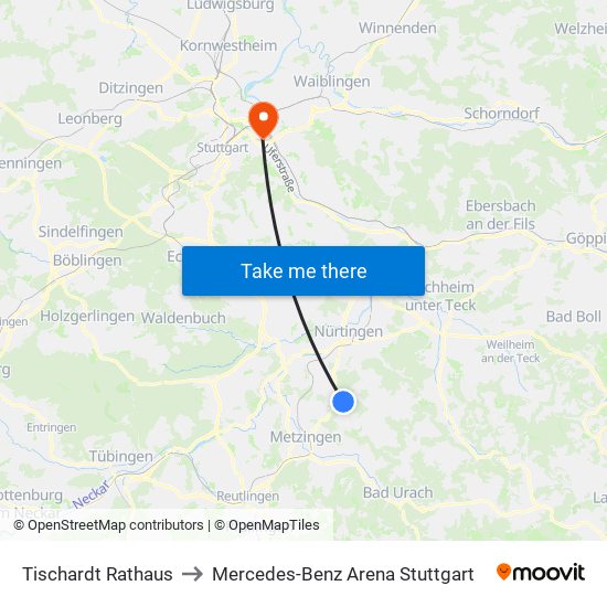 Tischardt Rathaus to Mercedes-Benz Arena Stuttgart map