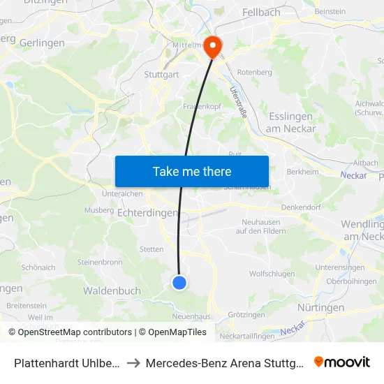 Plattenhardt Uhlberg to Mercedes-Benz Arena Stuttgart map