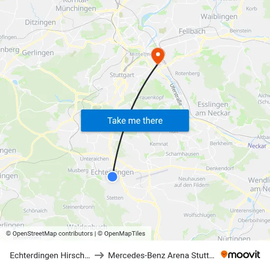 Echterdingen Hirschstr. to Mercedes-Benz Arena Stuttgart map