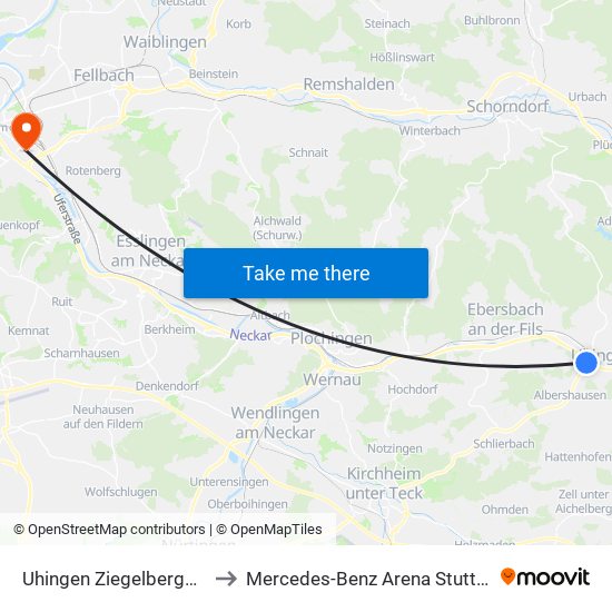 Uhingen Ziegelbergweg to Mercedes-Benz Arena Stuttgart map
