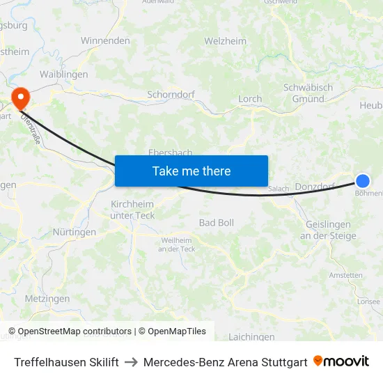 Treffelhausen Skilift to Mercedes-Benz Arena Stuttgart map