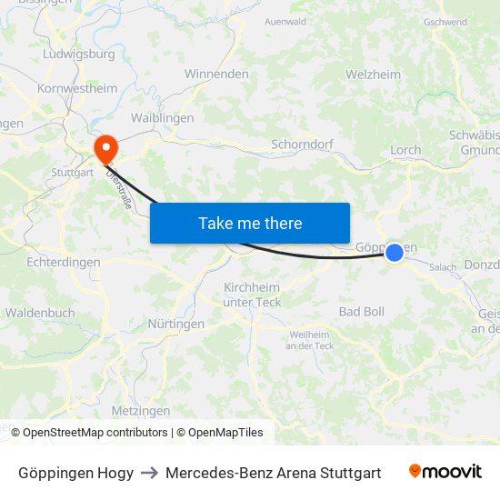Göppingen Hogy to Mercedes-Benz Arena Stuttgart map