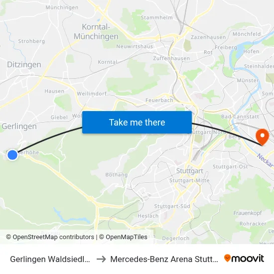 Gerlingen Waldsiedlung to Mercedes-Benz Arena Stuttgart map