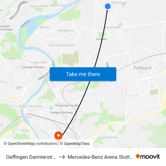 Oeffingen Daimlerstraße to Mercedes-Benz Arena Stuttgart map