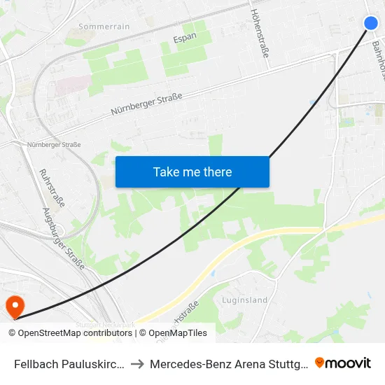 Fellbach Pauluskirche to Mercedes-Benz Arena Stuttgart map