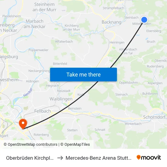 Oberbrüden Kirchplatz to Mercedes-Benz Arena Stuttgart map