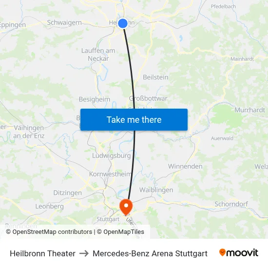 Heilbronn Theater to Mercedes-Benz Arena Stuttgart map