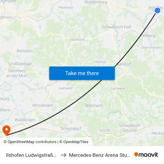 Ilshofen Ludwigstraße Ost to Mercedes-Benz Arena Stuttgart map