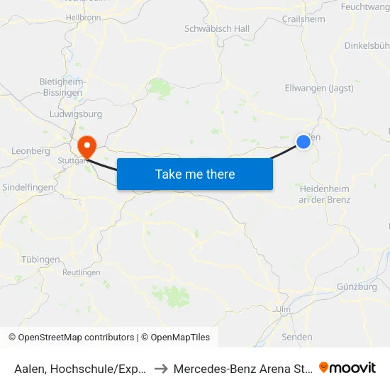Aalen, Hochschule/Explorhino to Mercedes-Benz Arena Stuttgart map