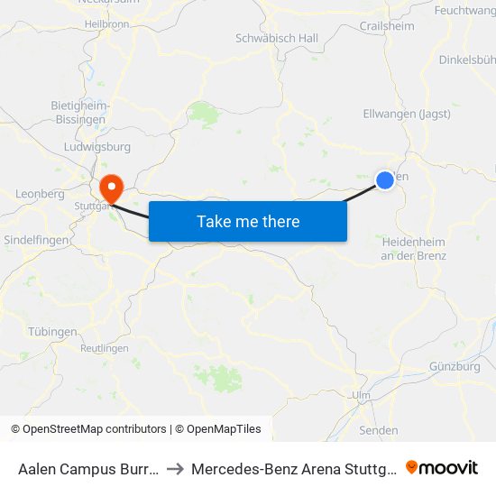 Aalen Campus Burren to Mercedes-Benz Arena Stuttgart map