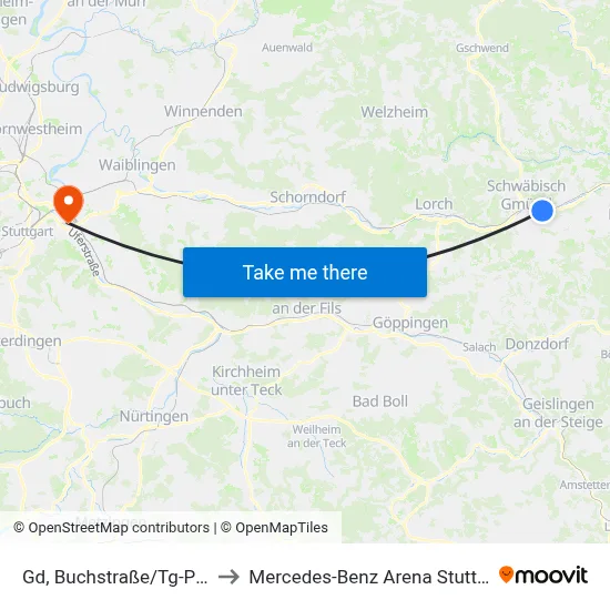 Gd, Buchstraße/Tg-Platz to Mercedes-Benz Arena Stuttgart map