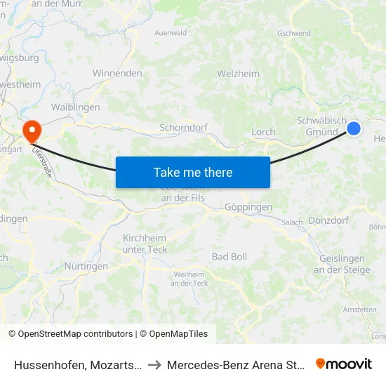 Hussenhofen, Mozartschule to Mercedes-Benz Arena Stuttgart map