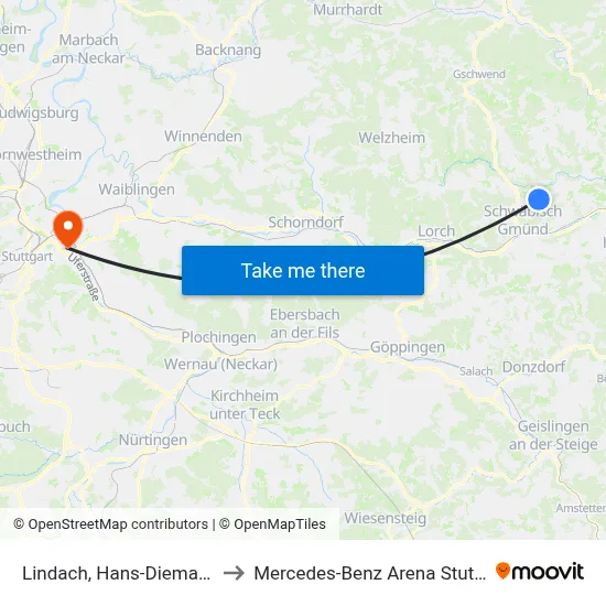 Lindach, Hans-Diemar-Str. to Mercedes-Benz Arena Stuttgart map