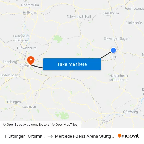 Hüttlingen, Ortsmitte to Mercedes-Benz Arena Stuttgart map