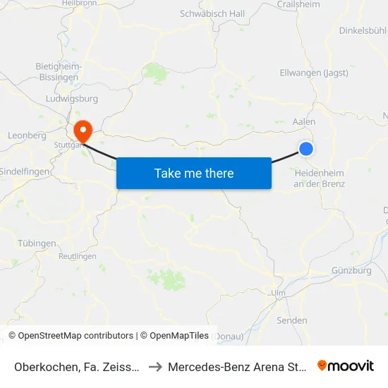 Oberkochen, Fa. Zeiss/Tor 2 to Mercedes-Benz Arena Stuttgart map