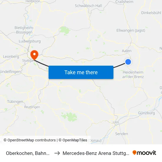 Oberkochen, Bahnhof to Mercedes-Benz Arena Stuttgart map