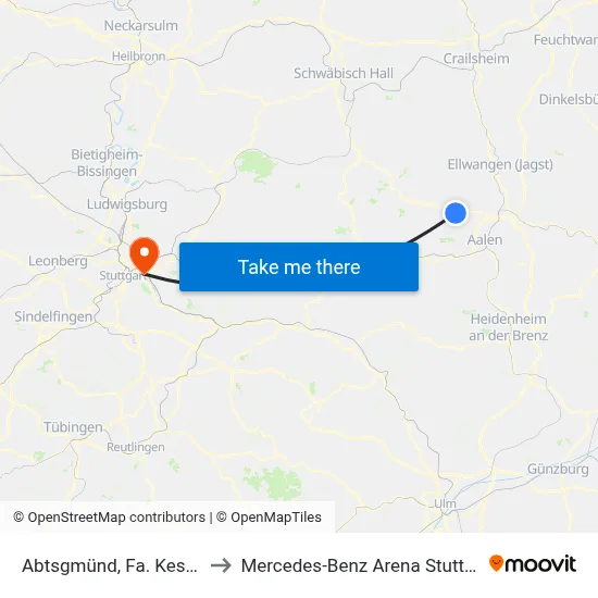 Abtsgmünd, Fa. Kessler to Mercedes-Benz Arena Stuttgart map