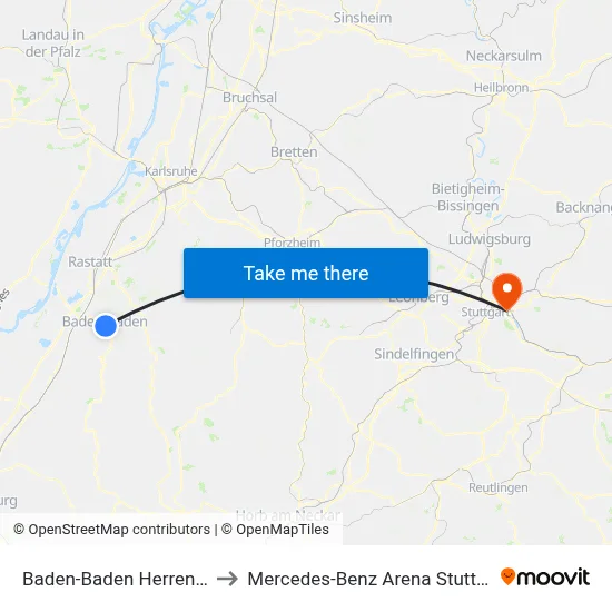 Baden-Baden Herrengut to Mercedes-Benz Arena Stuttgart map