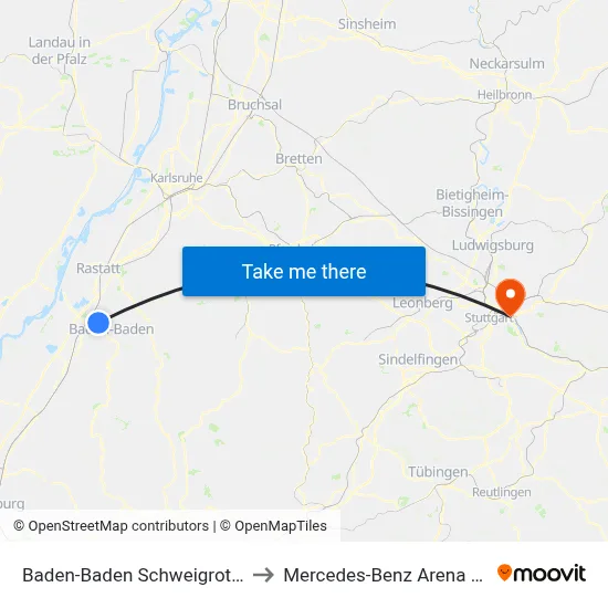 Baden-Baden Schweigrother Platz to Mercedes-Benz Arena Stuttgart map